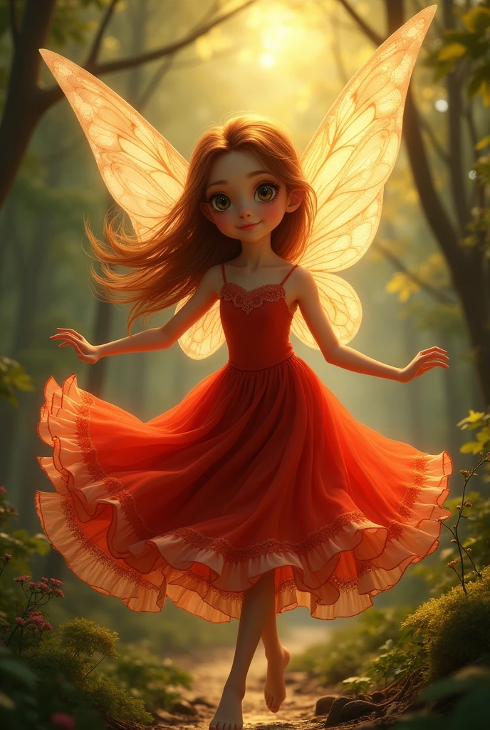 A fairy girl with big eyes that reflects the dusk, long rust-brown hair, freckles on her face, white-golden wings flying along the forest, a long dress with frills in a bright, striking red in human size and rosy cheeks
