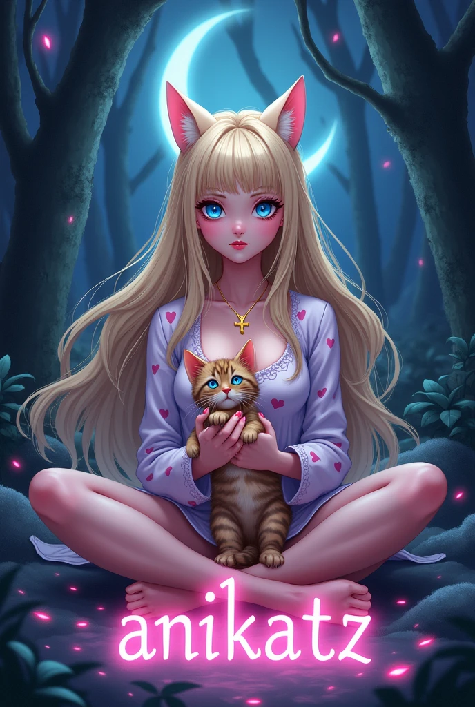 A mystical dark glowing environment in the forest. In the middle sits a woman with blue eyes, blonde, straight hair, pinken Lips, cat ears, golden necklace with cross pendant in cross-legged position. Short pajamas with hearts. She is holding a cute cuddly tabby kitten in her hand. her hair blows in the wind. The crescent moon shines in the background. Below her is the word Anikatz in pink capital letters. Disney Stil