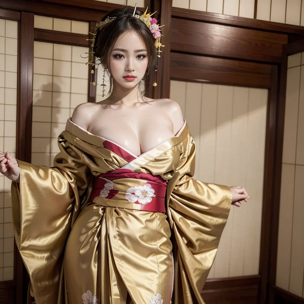 ((masterpiece(:1.4)，Highest quality，Ultra-high resolution，Highest quality，8k，Very detailed，In detail))。night，Japanese，(Beautiful woman)，Shiny，slim，Large Breasts(1.6)，sexy，glamorous，Golden Ratio Style，Perfect Style，Apply white powder to the face and neck，Flashy gal makeup，Red Light District，Bedroom，Oiran，Prostitute，Sunny day clothes，uchikake，Gold brocade，((Gorgeous kimono))，Tie the cutting board belt in front，Tying up hair，hairpin，hair ornaments，Gorgeous costumes，Beautiful standing posture，before，Exude sex appeal，