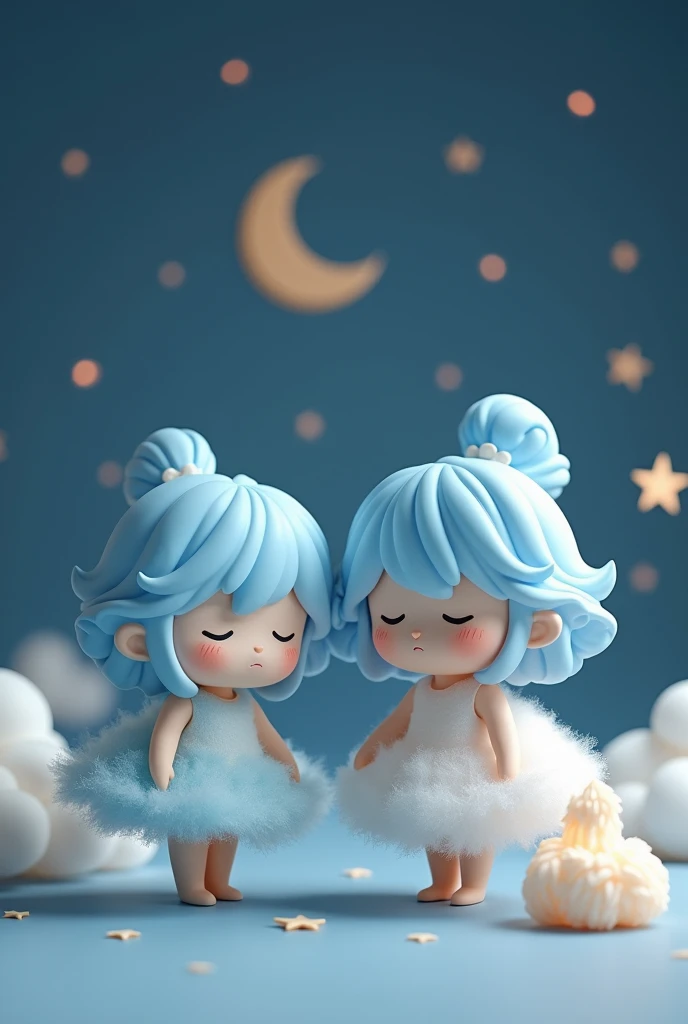 「Inspired by the night sky、Create fantastic and serene art toy characters」. Characters should be soft, Her pastel blue hair is styled in soft waves.、Fluffy, Cloud-like dress. The characters are small, With the shining star in my heart close by, And their eyes are closed, Giving them a serene look. There is a subtle, Cloudy dreamy elements, Crescent Moon, And a little star, All Soft, Muted tones that complement the character&#39;s serene appearance.”