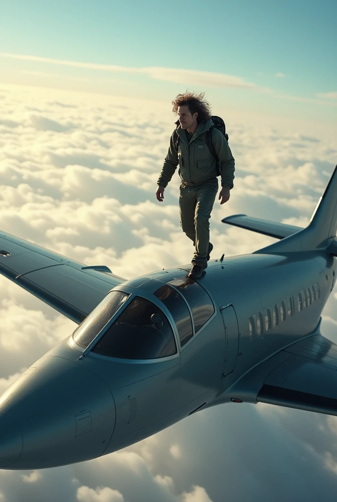 A man walking on top of a plane in flight