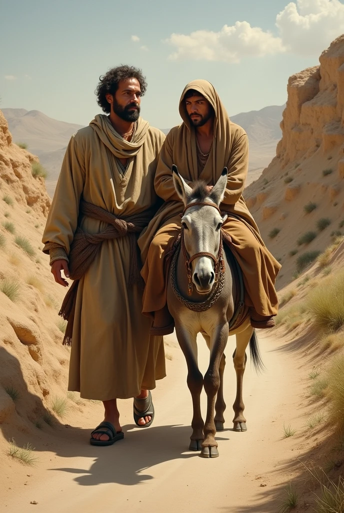 A Samaritan helping a Jew carry him on his donkey