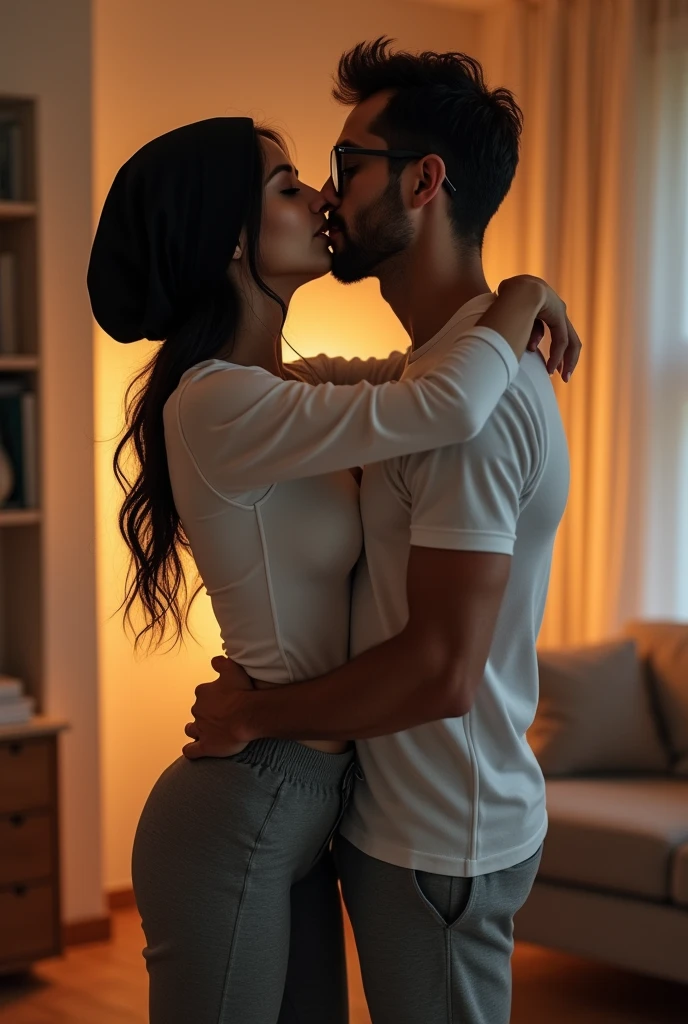 Black headscarf at home, white long sleeve t shirt, grey sweatpants, barefoot, Sexy woman with glasses kissing a man
