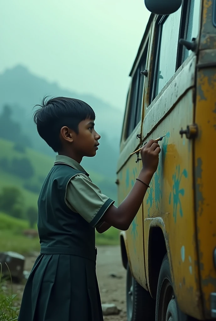 cinematic, photorealistic film poster of a cinematic, photorealistic film poster of a l boy in a school dress painting with small brush on a old maruti van, side face profile , outskirts of Darjeeling, misty morning, attentively