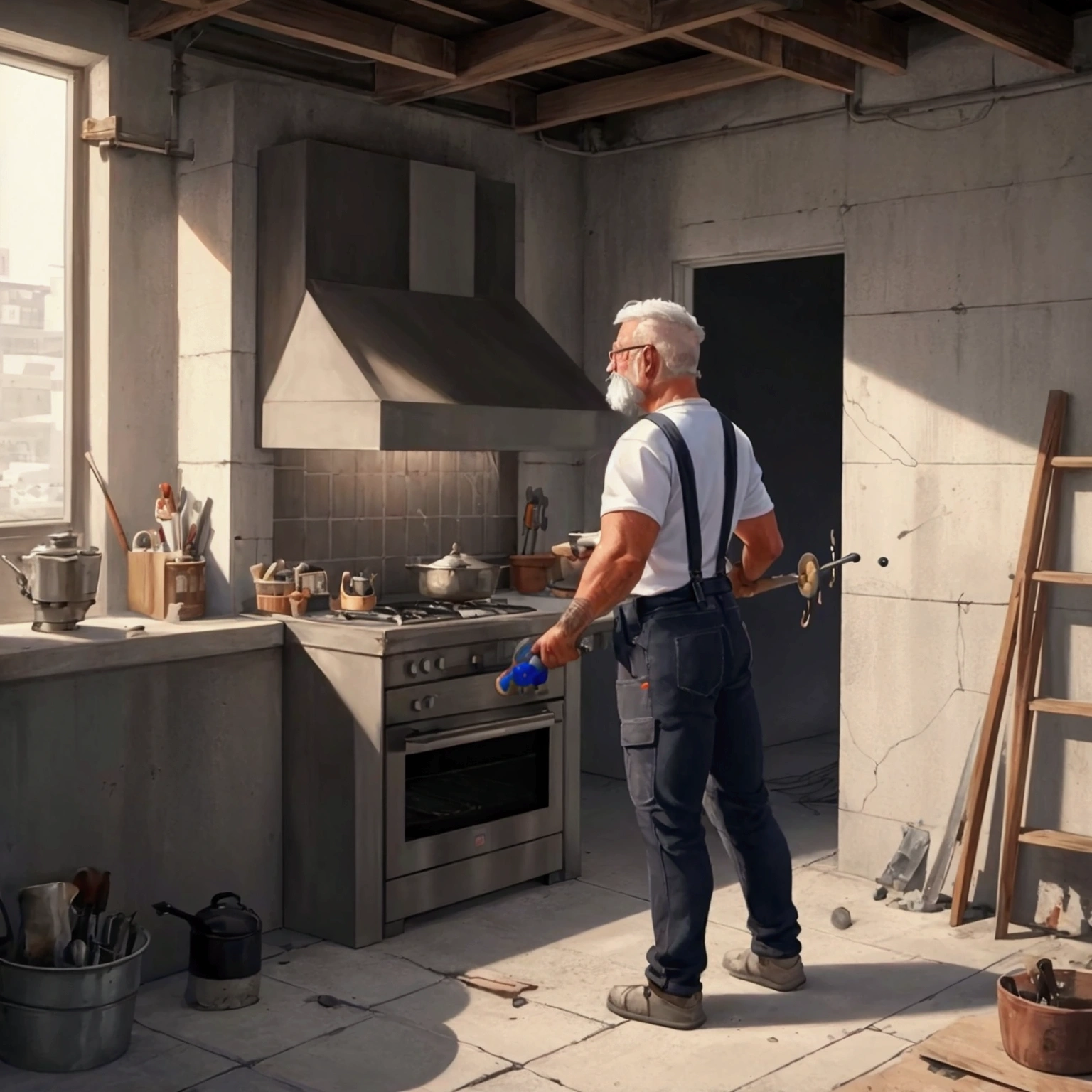 There is a woman who is bending down to put something in the oven, a hyper-realistic painting inspired by Daryush Shokof, instagramart, concrete art, old man doing hard work, amazing craftsmanship, made of cement, made of cement and concrete, incredible masterpiece, instagram storyart, the bottom is on fire, bodybuilding blacksmith, low quality video
