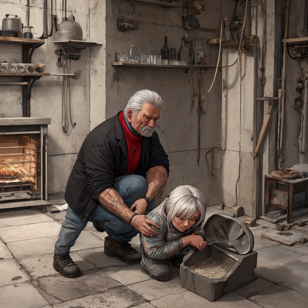 There is a woman who is bending down to put something in the oven, a hyper-realistic painting inspired by Daryush Shokof, instagramart, concrete art, old man doing hard work, amazing craftsmanship, made of cement, made of cement and concrete, incredible masterpiece, instagram storyart, the bottom is on fire, bodybuilding blacksmith, low quality video