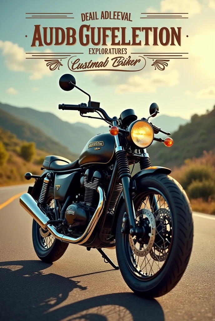 Classic style biker event invitation image,
With a cross-country bike like Custon Kawasaki EN500
