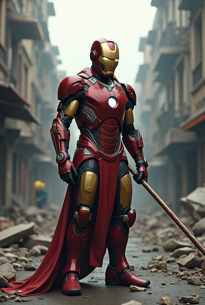 Black Myth Wukong wearing Iron Man&#39;s armor，Standing on the street，The background is war-torn