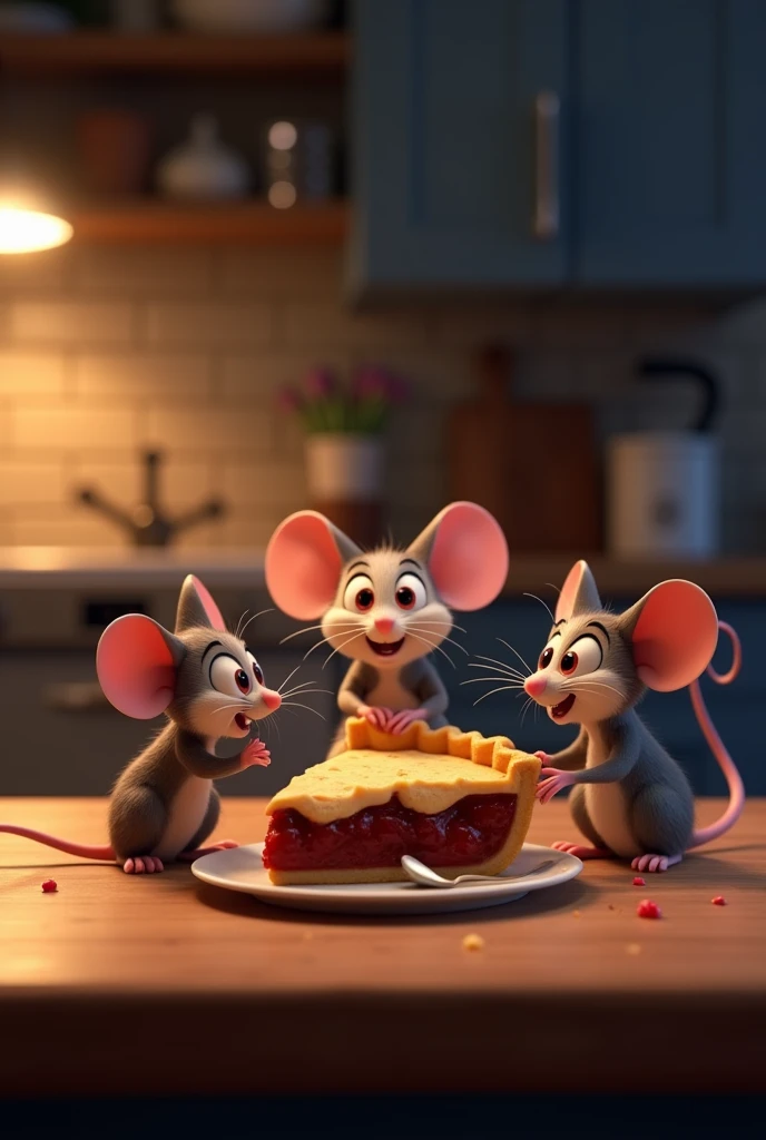 3d pixar animation illustration of three mice eating a peace of pie over kitchen top nightime illumination 