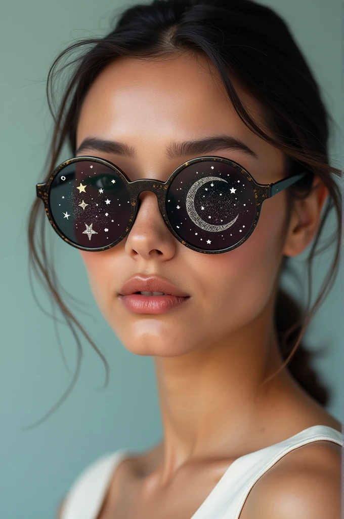 The model is wearing glass sunglasses with stars and the moon on the glass