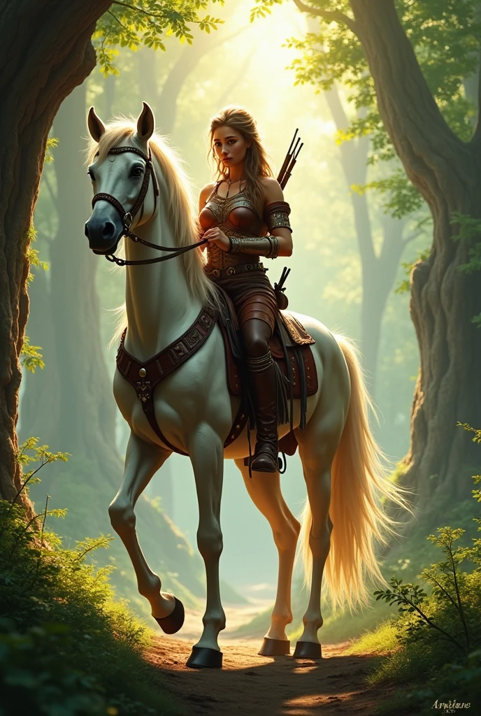 Beautiful centaur、((Beautiful half-man, half-horse:1.3))、Patrolling the forest、bow in hand、Western-style equipment