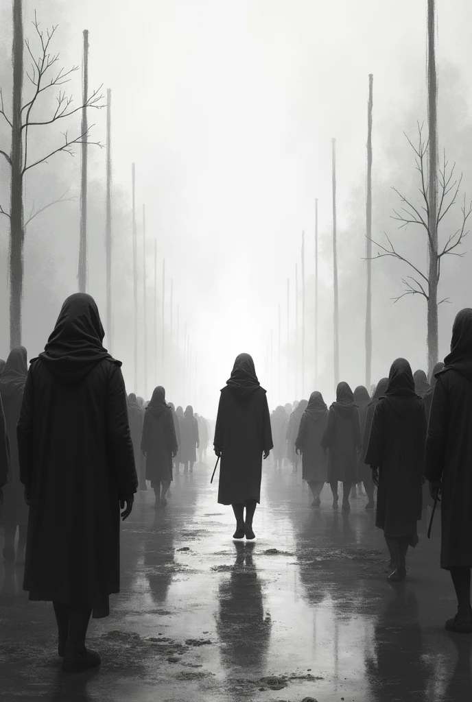 It generates an image of a person arriving in a black and white world and people with their heads down.