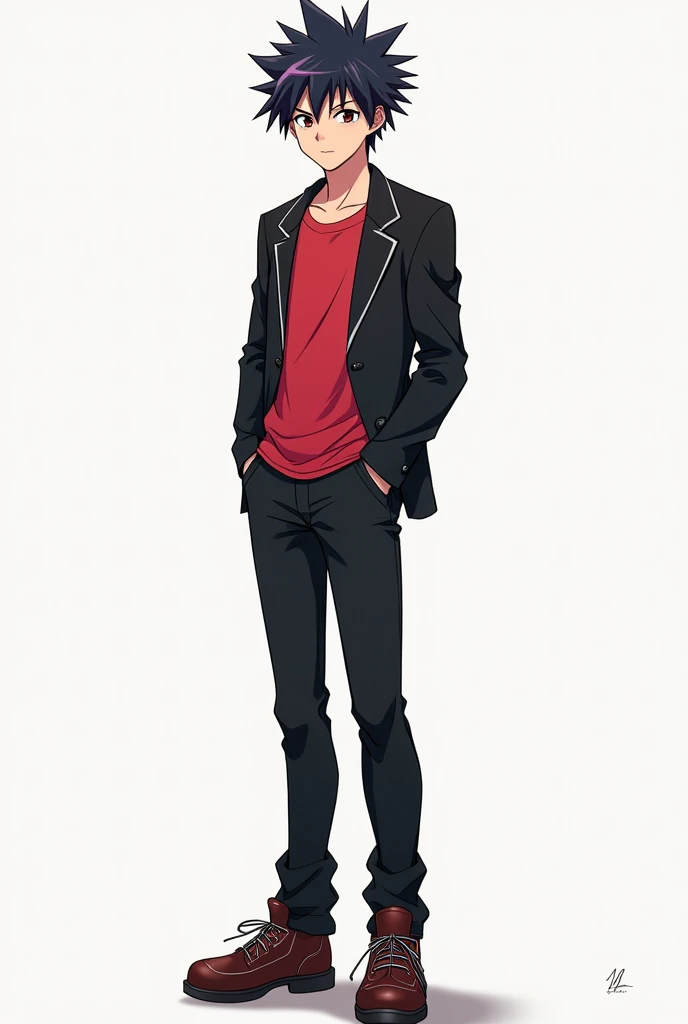 Takashi is a high school student of average height with brown eyes, spiky black hair which can occasionally have a purple hue[1] (Note: in the anime, his hair can have a brown hue).[2], and a slender yet reasonably powerful build that contributes to his agility. Takashi's attire typically consists of his black school uniform with a red T-shirt underneath. He wears various T-shirts and jeans for short periods of time,[3] but his school uniform remains his primary wardrobe. During the beach OVA he's forced to wear a extremely tight black speedo with boots.