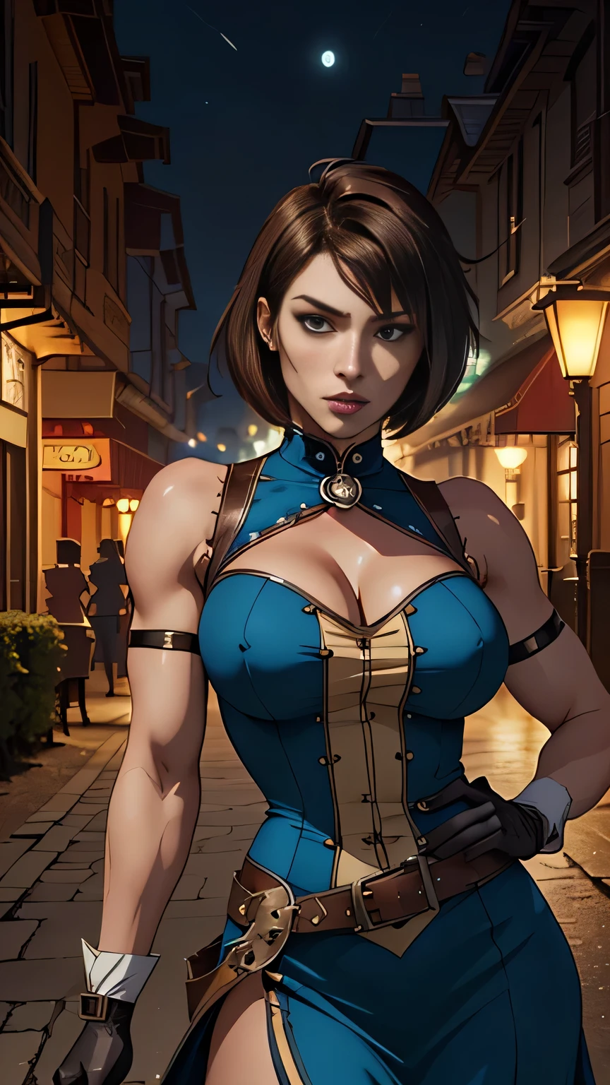 photo of mlp Meowko, RAW, beautiful woman, ((portrait)), ((detailed face:1.2)), ((anime face, anime facial feature, clear skin, glossy anime lips, clear skin), (short messy lesbian haircut, brunette: 1.55), (perfect proportioned body, Strong, muscular, narrow waist, narrow hips, skinny, large breasts), revealing clothes, ((wearing a revealing American McGee's Alice in Wonderland steampunk dress, gloves)), (high detailed giant mystical forest), (realistic photo, best quality, detailed), (8k wallpaper), (cinematic lighting, beautiful light, (night:1.3)) (sharp focus, intricate)