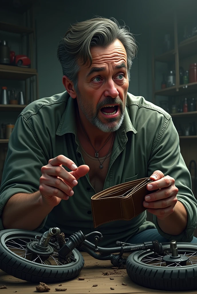 Adult man crying, holding a wallet without money in his hand in front of a workshop, lamenting his broken motorcycle without wheels