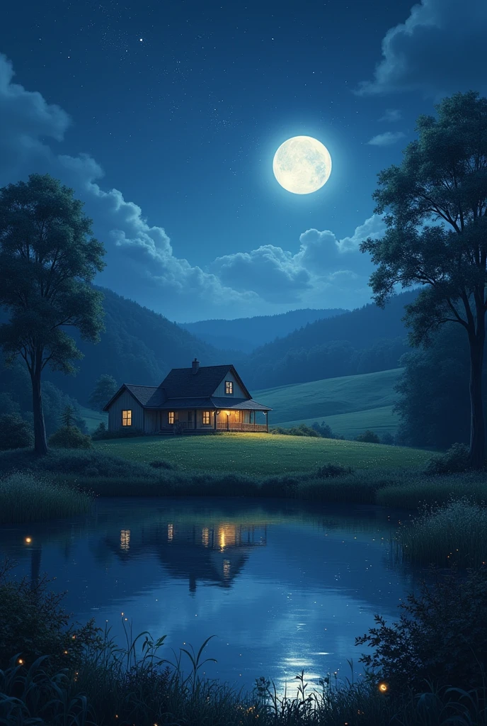 Shady farm with lake at night