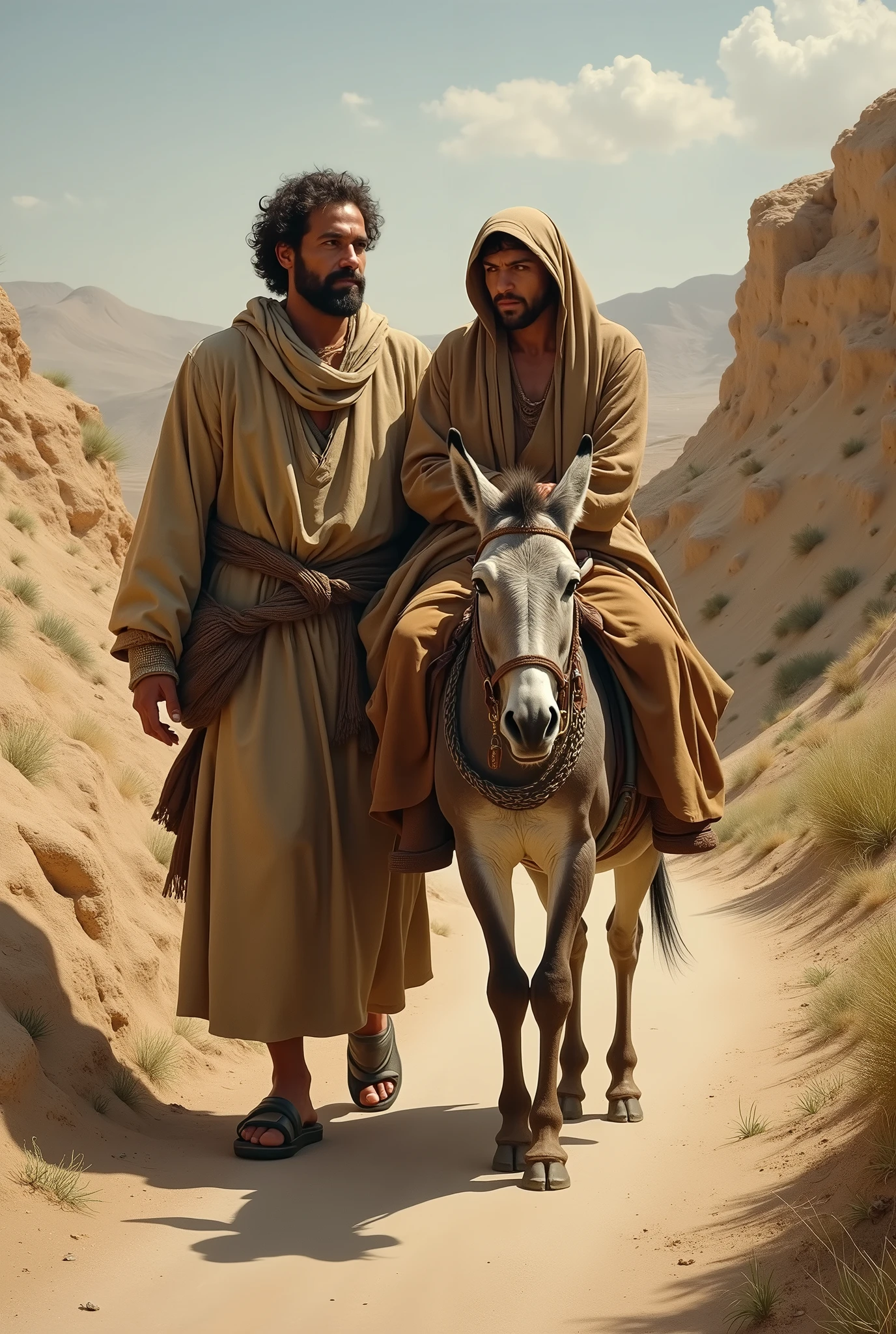 A Samaritan helping a Jew carry him on his donkey
