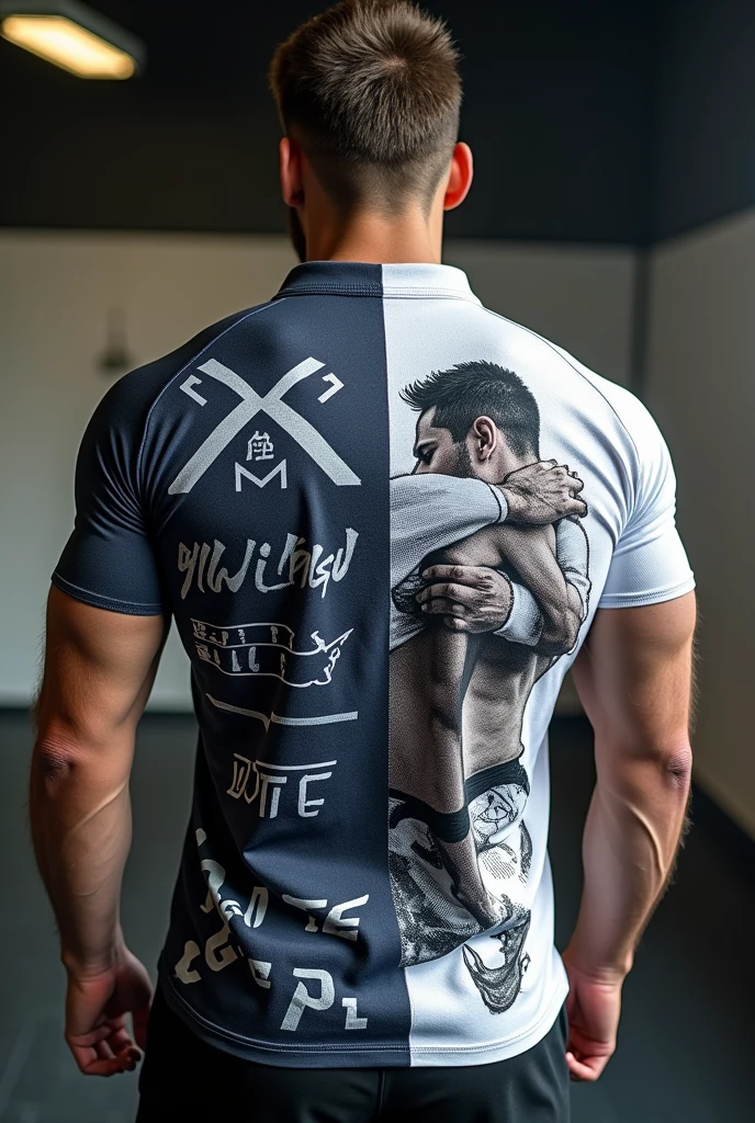 gym shirt with judo images and the other half jiu jitsu 
