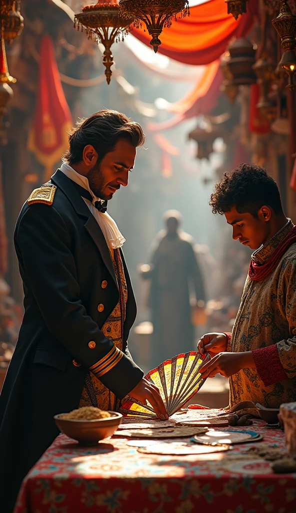 Generate an ultra-realistic 4K image depicting a vibrant Algerian market in the early 19th century. The scene should show a French diplomat or officer observing a local craftsman creating ornate, hand-painted fans. The market is filled with traditional North African textiles, spices, and intricate goods. The atmosphere should be rich with cultural exchange, highlighting the initial contact between French and Algerian traditions