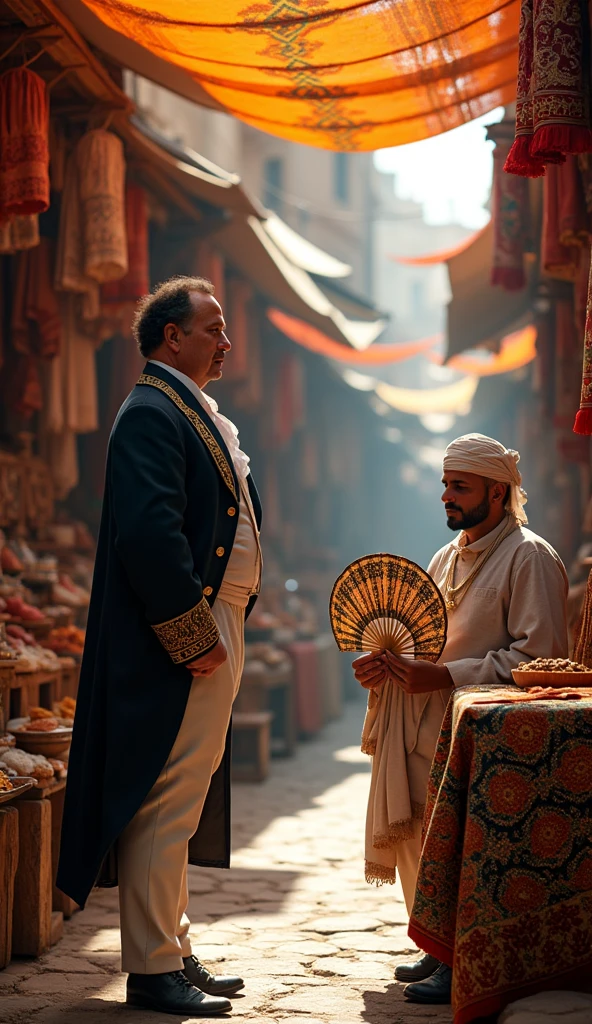 Generate an ultra-realistic 4K image depicting a vibrant Algerian market in the early 19th century. The scene should show a French diplomat or officer observing a local craftsman creating ornate, hand-painted fans. The market is filled with traditional North African textiles, spices, and intricate goods. The atmosphere should be rich with cultural exchange, highlighting the initial contact between French and Algerian traditions