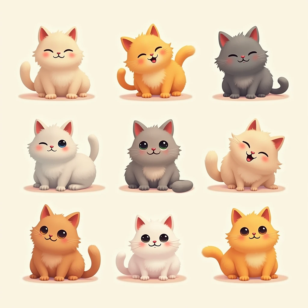 Create a 9x9 grid of sprites, Make sure, that it is even. We will use these sprites to create gif animation.. This should be a cute cat sprite, the cat expresses some emotion. Only all the cats are different colors and different levels of fluffiness. Each sprite must be different from the previous one., but in the same artistic style, detailed like in a Disney cartoon