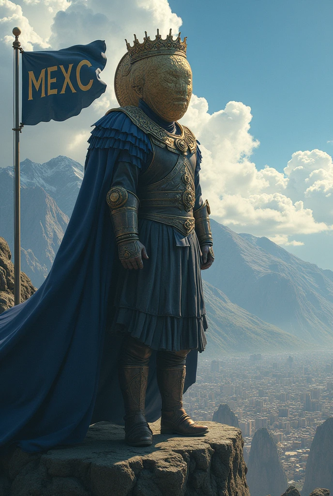 The king, who has a very big head like a coin and has a crown, looks from the top of the mountain to a big city, whose flag says Mexc and the color of the flag of that country is dark blue.