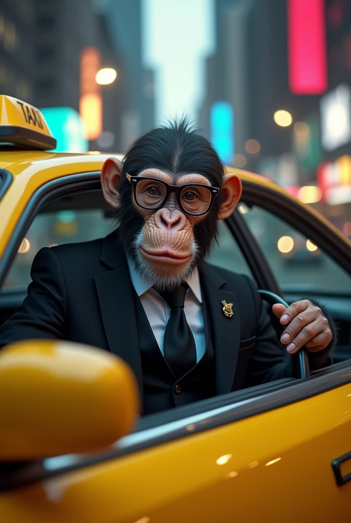 taxi driver monkey dressed in black with glasses