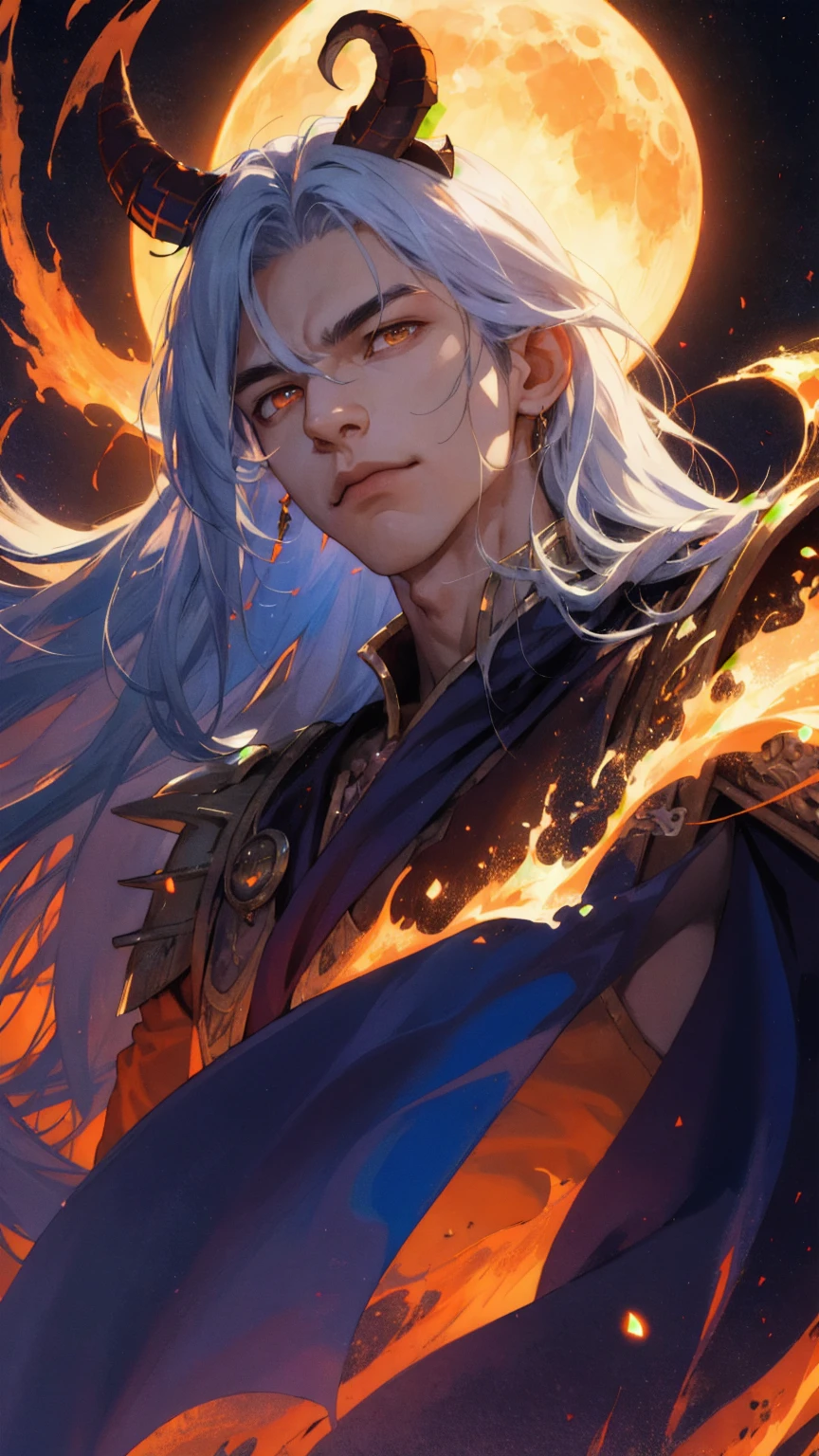 (absurdres, highres, ultra detailed), 1 male teen, young, handsome, tall muscular guy, broad shoulders, long white hair with bangs, orange eyes, dragon horns on head, smirking expression, sunset long sleeves, finely detailed eyes and detailed face, extremely detailed CG unity 8k wallpaper, intricate details, (style-swirlmagic:0.8), portrait, looking up, solo, half shot, detailed background, (warhammer fantasy theme:1.1) sinster, focusing, pursed lips, sorcrer, casting spell, hovering in air, (color waves), floating crystals, dynamic pose, color robe, hair flowing in the wind, arcane spell, mana, grim dark realistic lighting, moon background.)