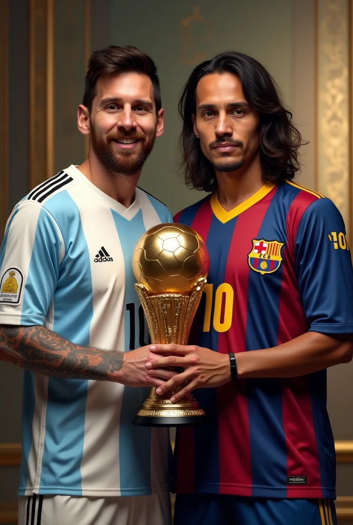 Messi and Ronaldinho gaucho holding a golden ball together (Ronaldinho gaucho's outfit: Barcelona shirt with the name "Ronaldinho" number 10) (Messi's outfit: Argentina shirt with the name "Messi")(realistic) (wallpaper)