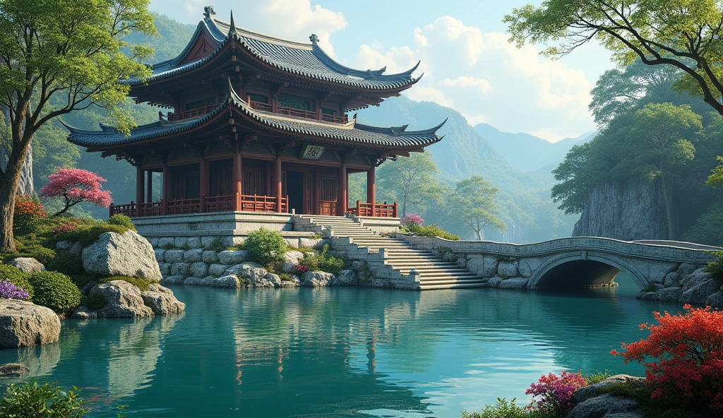 an ancient Buddhist temple, surrounded by a garden with flowers, a blue water lake