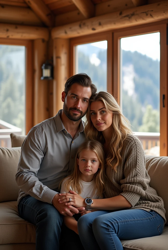 (Photorealism:1.1) a couple man dark brown hair and brown eyes together with a woman blonde green eyes long hair e uma criança loira de 8 anos em um chalé em Aspen e um IWC portuguese e usando aliança de casamento 8k ultra realistic super detailed