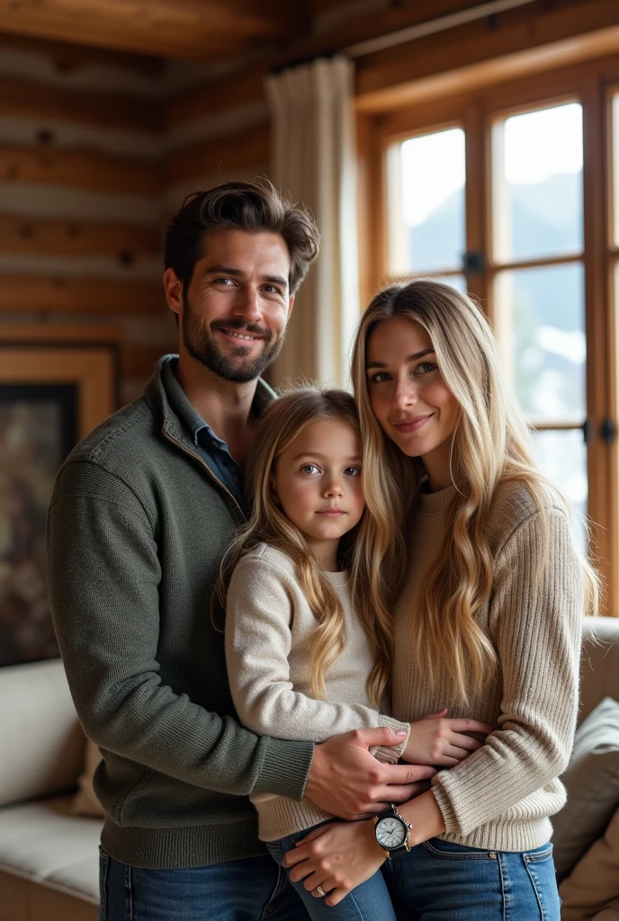 (Photorealism:1.1) a couple man dark brown hair and brown eyes together with a woman blonde green eyes long hair  e uma criança loira de 8 anos em um chalé em Aspen  e um IWC portuguese e usando aliança de casamento 8k ultra realistic super detailed 