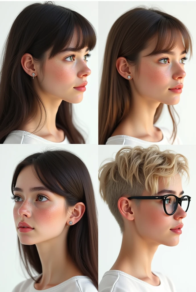 (photorealism:1.5)profile of a beautiful young woman with dark brown hair, curtain bangs hair, green eyes, and a lot of freckles. another profile of a young woman with brown hair, brown eyes and some freckles. another profile of a young pretty woman with straight light blond hair, blue eyes and glasses. The last profile is of a 20 year old masculine chubby man with short kind of buzzcut dark blond hair, blue eyes, glasses and a beard. faces are looking into the camera, smaller and loosely arranged on a white background 