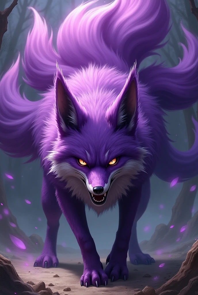 Nine-tailed fox with purple fur, fierce anime version