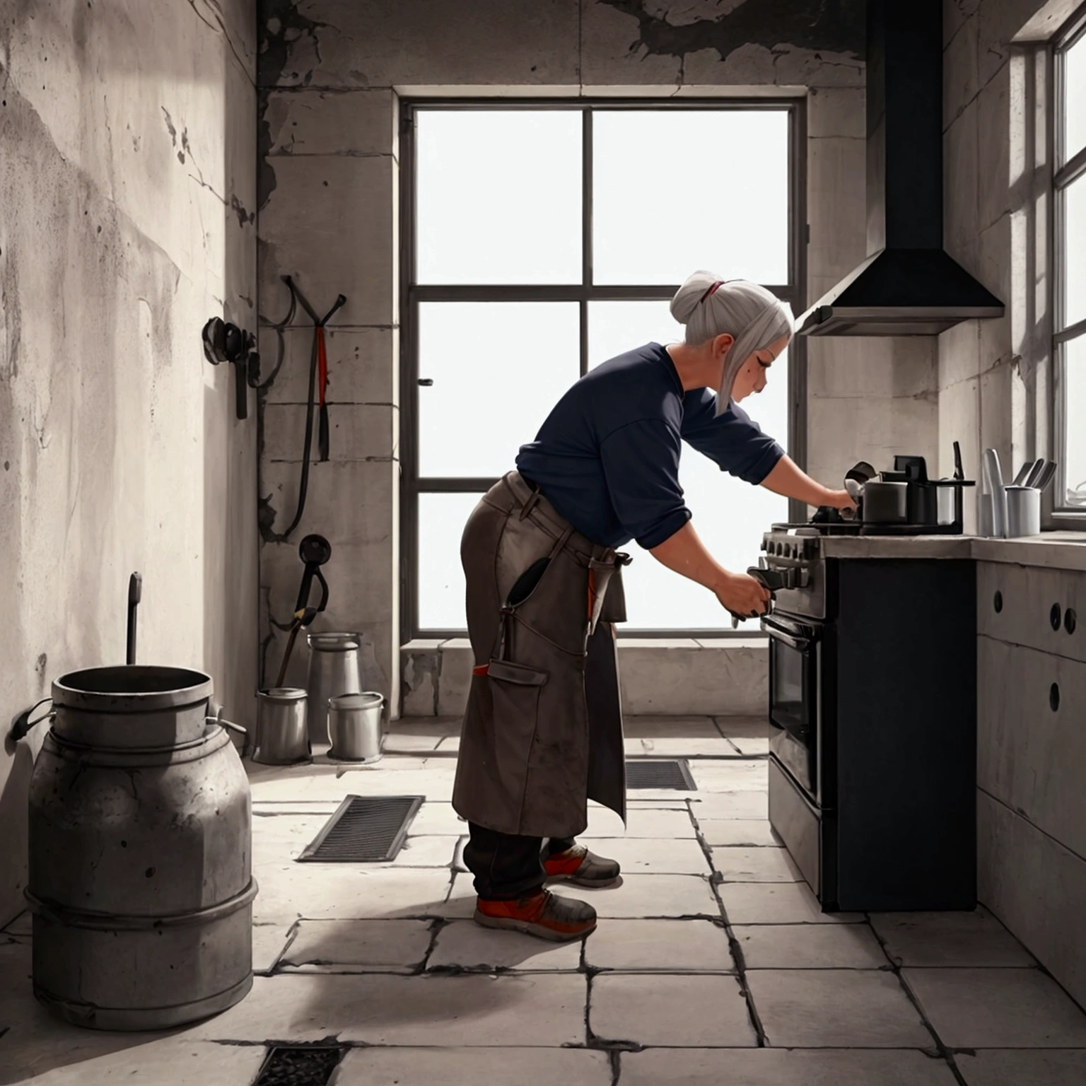 There is a woman who is bending down to put something in the oven, old man doing hard work, amazing craftsmanship, made of cement, made of cement and concrete, incredible masterpiece, instagram story, the bottom is on fire, bodybuilding blacksmith, low quality video, made of lava, leaking techniques, made of concrete, shooting it into a building