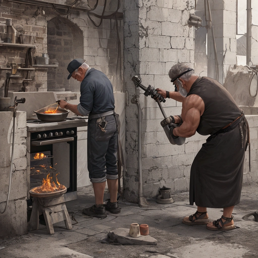 There is a woman who is bending down to put something in the oven, old man doing hard work, amazing craftsmanship, made of cement, made of cement and concrete, incredible masterpiece, instagram story, the bottom is on fire, bodybuilding blacksmith, low quality video, made of lava, leaking techniques, made of concrete, shooting it into a building