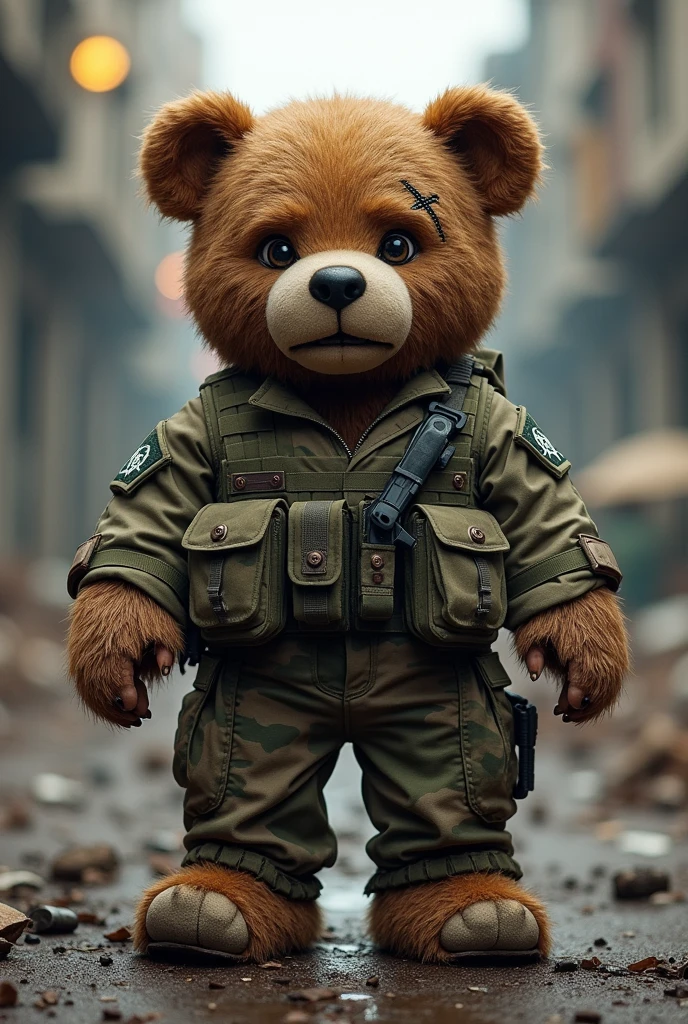 A teddy bear with army clothes