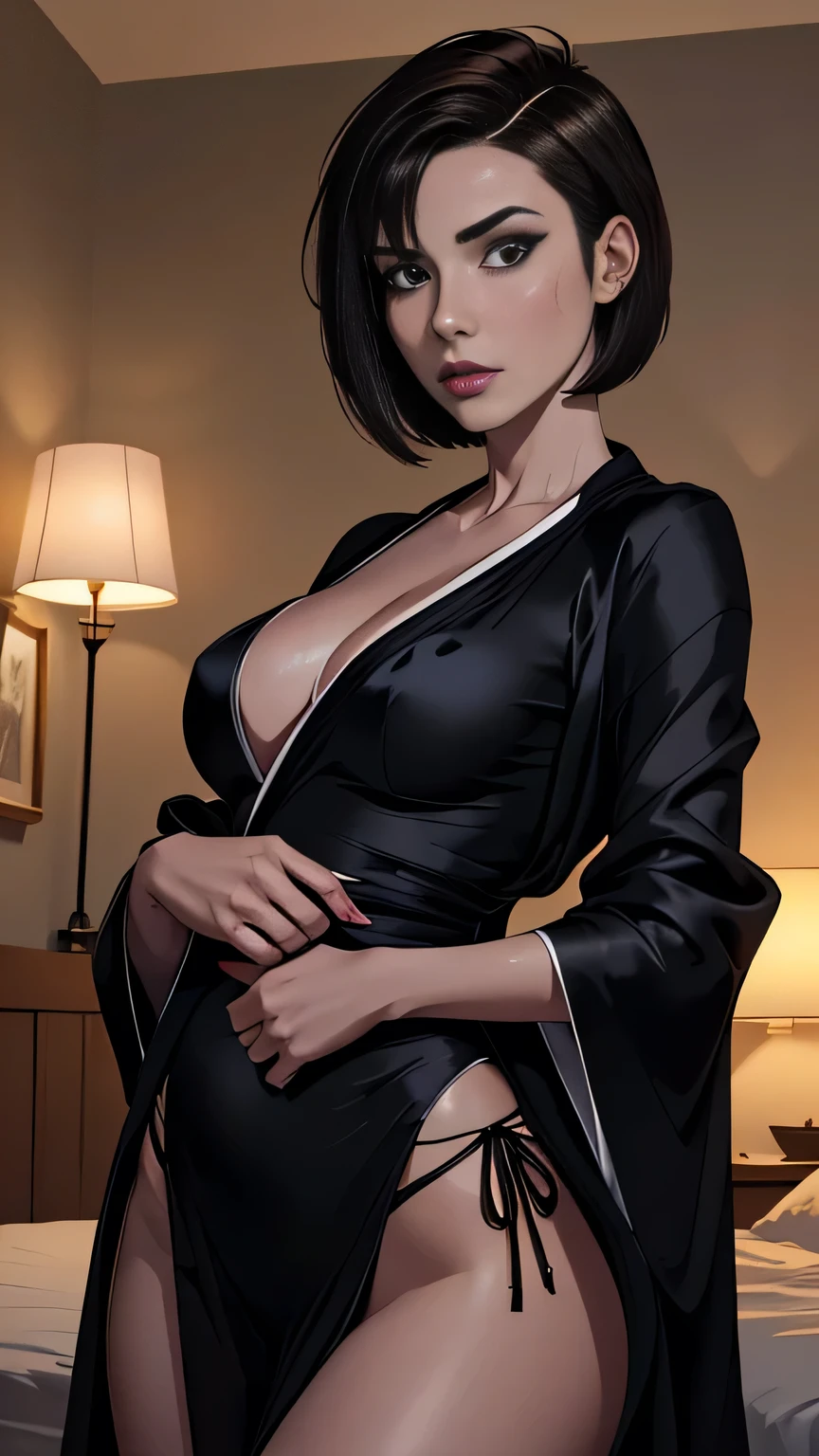 photo of mlp Meowko, RAW, beautiful woman, ((portrait)), ((detailed face:1.2)), ((anime face, anime facial feature, clear skin, glossy anime lips, clear skin), (short messy lesbian haircut, brunette: 1.55), (perfect proportioned body, Strong, muscular, narrow waist, narrow hips, skinny, large breasts), revealing clothes, (wearing black silk robe: 1.5)), (high detailed bedroom: 1.3), (realistic photo, best quality, detailed), (8k wallpaper), (cinematic lighting, beautiful light, (night:1.3)) (sharp focus, intricate)