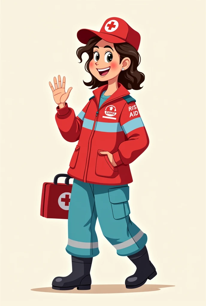 cartoon image of a female nurse, with a pre-hospital care uniform consisting of : Red loose jacket that has a light blue stripe on the chest and on the right side of the chest it says SAMU, Loose light blue trousers with reflective stripes on the hem, black safety boots. the image without background, that the nurse is smiling and waving, that he is carrying a light blue first aid kit 
