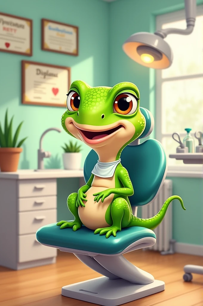 Create an image of the cartoon oscars oasis, the main character is a lizard. Do this lizard at the dentist