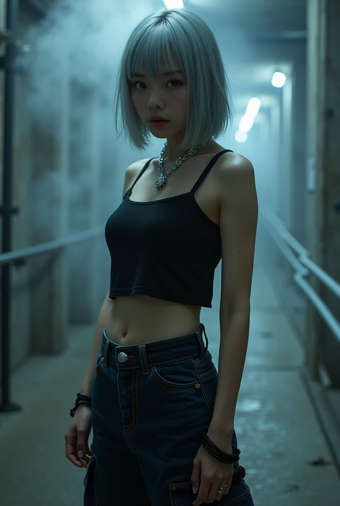 (nsfw:1.2), masterpiece, Best Quality, Realistic, A mysterious and sophisticated beautiful young girl, with blue eyes wears futuristic and sexy fashion art. 18-years-old, cute and sexy Japanese girl is climbing at a wide angle, // The outfit features a black cropped tank top made from a lightweight, stretchy material. The top has thin shoulder straps and fits tightly, highlighting the wearer’s silhouette. The bottom piece is a midi-length denim skirt made from thick denim fabric. The skirt includes prominent stitching and large side pockets, adding a functional, cargo-style element to the design. Accessories include a simple silver chain necklace, a matching bracelet, and a small silver chain bag. The entire ensemble is styled in a monochromatic black and silver color palette, creating a sleek and urban look, /// Breasts in a high position, large breasts, slim waist, abs, large butt, /// standing, winding sexy pose, with her full body in frame. ///, hyper small head and face, wide Duck mouth, half open mouth, perfectly aligned teeth, perfect beautiful wide teeth, light blue eyes, half open eyes, shiny Droopy eyes, gray hair, looking other, She is situated within the interior of a futuristic colony, in the deep night, with mist drifting and steam rising from concrete