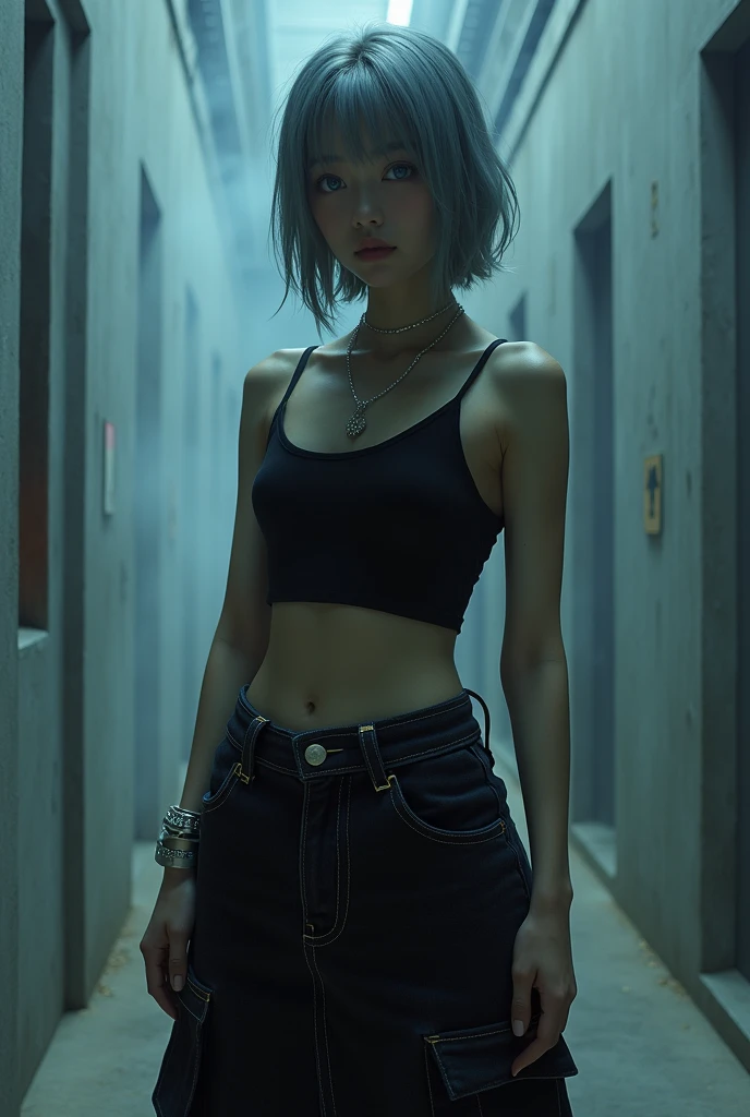 (nsfw:1.2), masterpiece, Best Quality, Realistic, A mysterious and sophisticated beautiful young girl, with blue eyes wears futuristic and sexy fashion art. 18-years-old, cute and sexy Japanese girl is climbing at a wide angle, // The outfit features a black cropped tank top made from a lightweight, stretchy material. The top has thin shoulder straps and fits tightly, highlighting the wearer’s silhouette. The bottom piece is a midi-length denim skirt made from thick denim fabric. The skirt includes prominent stitching and large side pockets, adding a functional, cargo-style element to the design. Accessories include a simple silver chain necklace, a matching bracelet, and a small silver chain bag. The entire ensemble is styled in a monochromatic black and silver color palette, creating a sleek and urban look, /// Breasts in a high position, large breasts, slim waist, abs, large butt, /// standing, winding sexy pose, with her full body in frame. ///, hyper small head and face, wide Duck mouth, half open mouth, perfectly aligned teeth, perfect beautiful wide teeth, light blue eyes, half open eyes, shiny Droopy eyes, gray hair, looking other, She is situated within the interior of a futuristic colony, in the deep night, with mist drifting and steam rising from concrete