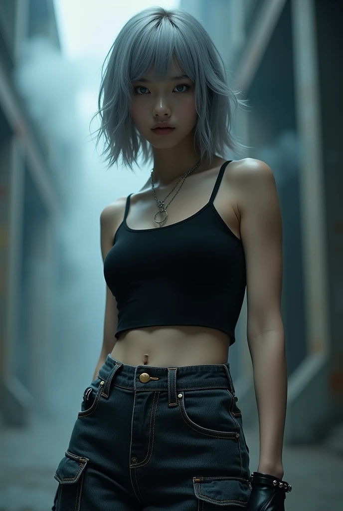 (nsfw:1.2), masterpiece, Best Quality, Realistic, A mysterious and sophisticated beautiful young girl, with blue eyes wears futuristic and sexy fashion art. 18-years-old, cute and sexy Japanese girl is climbing at a wide angle, // The outfit features a black cropped tank top made from a lightweight, stretchy material. The top has thin shoulder straps and fits tightly, highlighting the wearer’s silhouette. The bottom piece is a midi-length denim skirt made from thick denim fabric. The skirt includes prominent stitching and large side pockets, adding a functional, cargo-style element to the design. Accessories include a simple silver chain necklace, a matching bracelet, and a small silver chain bag. The entire ensemble is styled in a monochromatic black and silver color palette, creating a sleek and urban look, /// Breasts in a high position, large breasts, slim waist, abs, large butt, /// standing, winding sexy pose, with her full body in frame. ///, hyper small head and face, wide Duck mouth, half open mouth, perfectly aligned teeth, perfect beautiful wide teeth, light blue eyes, half open eyes, shiny Droopy eyes, gray hair, looking other, She is situated within the interior of a futuristic colony, in the deep night, with mist drifting and steam rising from concrete
