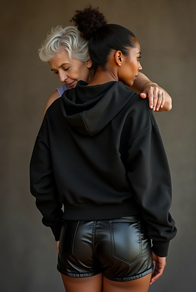 black woman hair in a bun black hoodie black leather short shorts being fucked in the ass by a old grandma in a dress