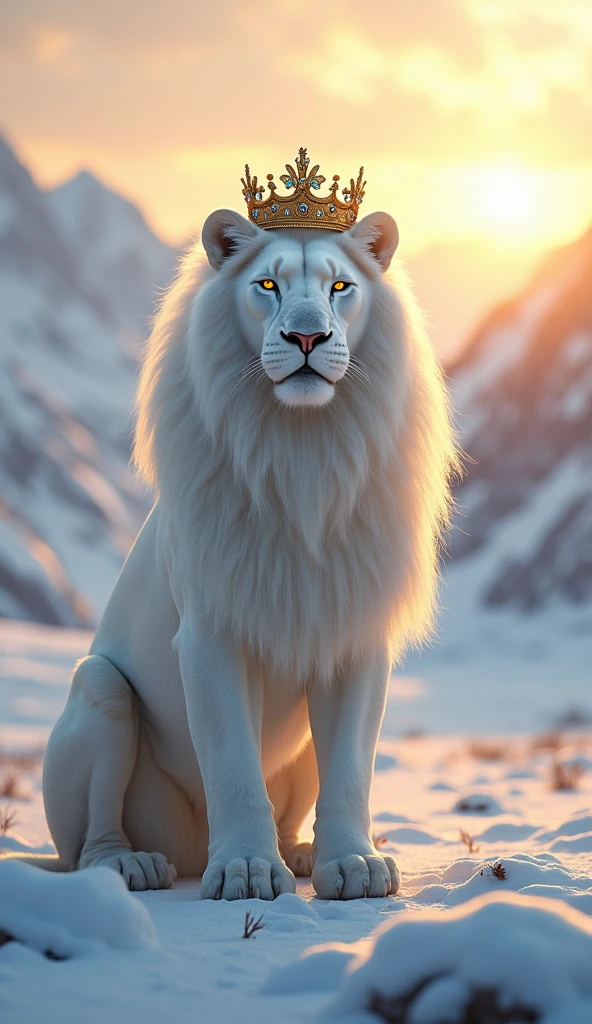 Generate an ultra realistic 8k image of an albino lion with golden eyes and an imposing mane , A king&#39;crown on his head and magnificent and beautiful, staring at the sunrise in the snows