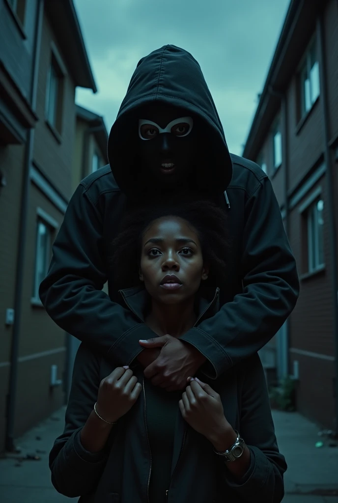 a masked man who kidnaps a black woman in an alley at night with dim lights