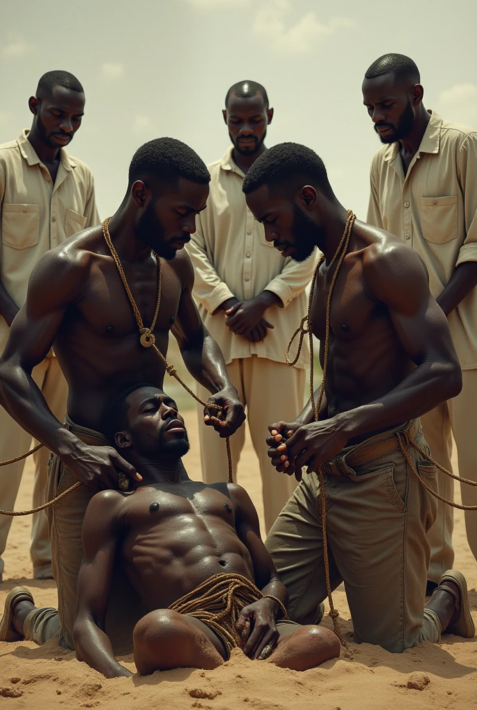 Two slaves being whipped and three white men watching