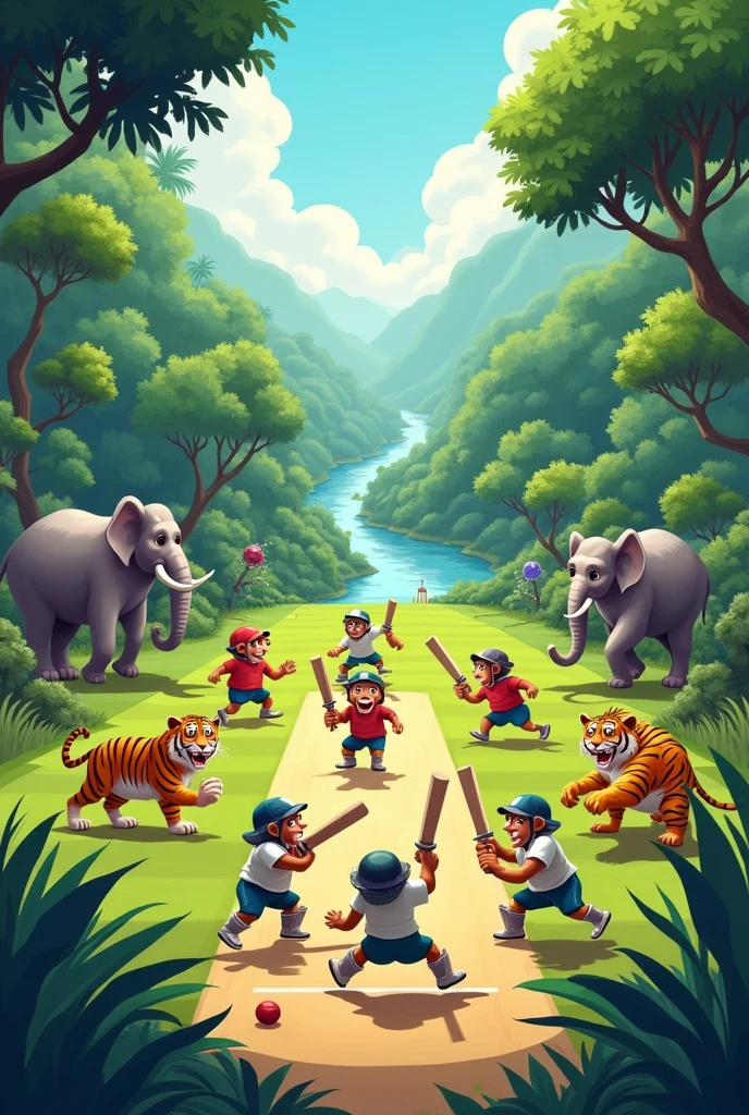 Animals playing cricket in jungle