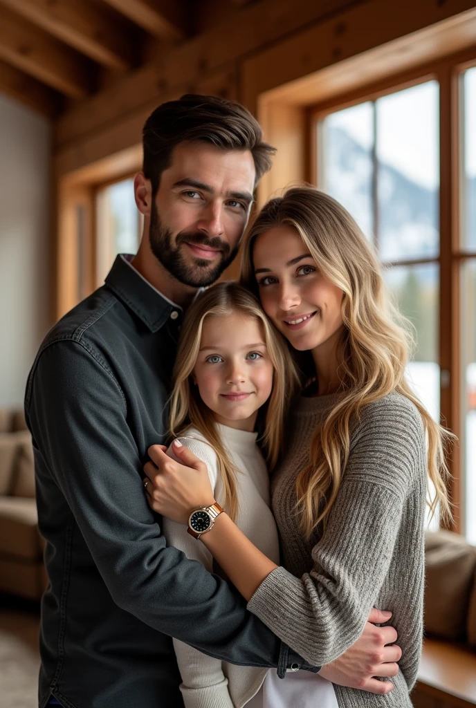 (Photorealism:1.1) a couple man dark brown hair and brown eyes together with a woman blonde green eyes long hair e uma criança loira de 8 anos em um chalé em Aspen e um IWC portuguese e usando aliança de casamento 8k ultra realistic super detailed