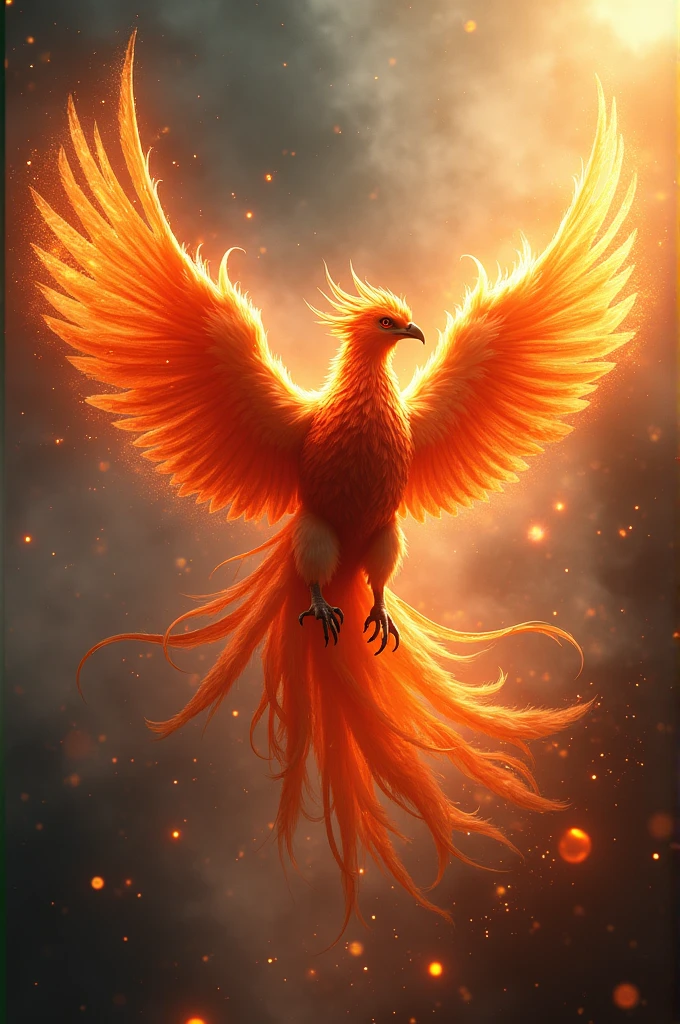 A mythical phoenix bird, fire feathers, scattering sparks, fiery wings, Flying through the chaos, ethereal and divine, photorealistic, 8k, hyper detailed, dramatic lighting, vibrant colors, Surreal and abstract, holographic fire effects, dynamic movement.3D